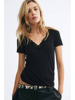 H&M - Women Black Short-Sleeved Lace-Trimmed Top
