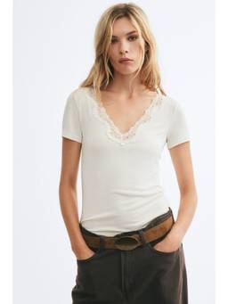 H&M - Women White Short-Sleeved Lace-Trimmed Top