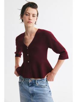 H&M - Women Red Fine-Knit Peplum Cardigan