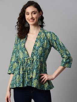 Indibelle - Cotton Green Floral Print Peplum Shrug
