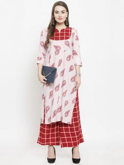 Indibelle - White Maroon Rayon Striped Print Straight Cut Kurta