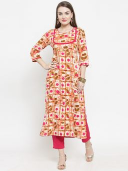Indibelle - Cream Pink Rayon Printed Straight Kurta
