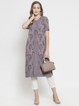 Indibelle - Grey Rayon Double Floral Print Double Layer Straight Kurta