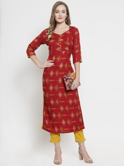 Indibelle - Maroon Rayon Printed Straight Kurta