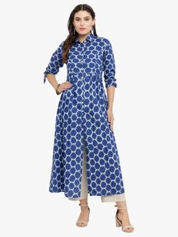 Indibelle - Cotton Navy Blue Abstract Print A-Line Kurta