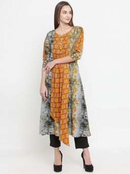 Indibelle - Grey And Yellow Rayon A-Line Long Kurta