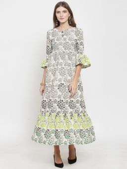 Indibelle - Cotton Green Lotus Print Long Tiered Maxi Dress