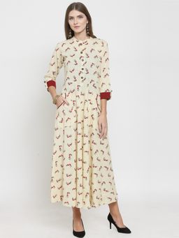 Indibelle - Cotton Cream Birds Print Long Flared Maxi Dress