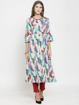 Indibelle - Cotton Maroon Feather Print One Side Slit Kurta