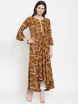 Indibelle - Rayon Brown Printed Flared Kurta