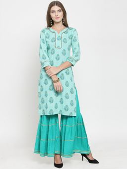 Indibelle - Rayon Turquoise Blue Buti Print Short Kurta