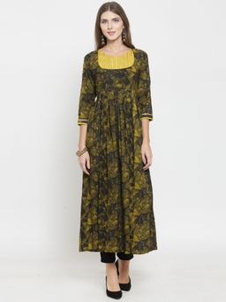 Indibelle - Rayon Mustard Printed Front Slit Kurta