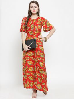 Indibelle - Red Rayon Leaf Print A-Line Maxi Dress