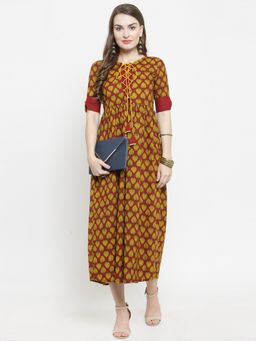 Indibelle - Maroon Cotton Buti Print A-Line Midi Dress