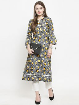 Indibelle - Yellow Rayon Flower Print Straight Kurta