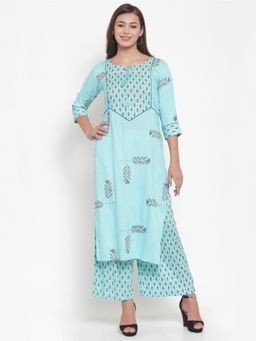Indibelle - Sky Blue Rayon Block Print Straight Kurta