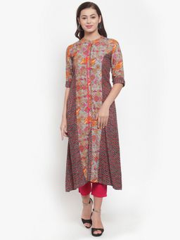 Indibelle - Gray Pink Rayon Abstract Print A-Line Kurta