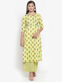 Indibelle - Lemon Yellow Cotton Floral Printed Straight Kurta