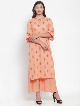 Indibelle - Peach Printed Keyhole Neck Kurta
