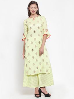 Indibelle - Yellow Printed Keyhole Neck Kurta