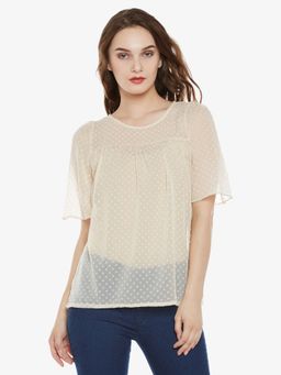 Miss Chase - Womens Beige Round Neck Half Sleeves Self Design Sheer Top