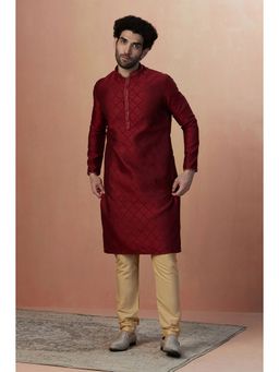 Manyavar - Art Silk Maroon All Over Self Design Mandarin Collar Kurta with Pencil Pajama (Set of 2)