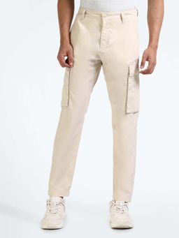 Flying Machine - Cream Mid Rise Solid Cargo Trousers