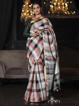 Beatitude - Multicolor Checks Handwoven Linen Saree with Unstitched Blouse