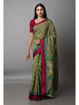 Unnati Silks - Green Block Printed Sico Saree with Unstitched Blouse
