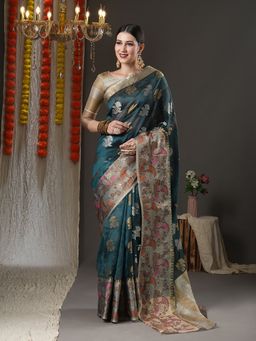 Akhilam - Womens Organza Teal Blue Woven Design Designer Saree with Unstitched Blouse