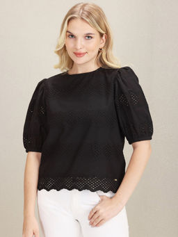 U.S. POLO ASSN. - Puff Sleeve Black Schiffli Cotton Top