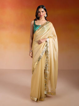 Gajra Gang - B-Desi Divas Beige Metallic Organza Gota Embellished Saree