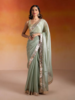 Gajra Gang - B-Desi Divas Jade Green Metallic Organza Gota Embellished Saree