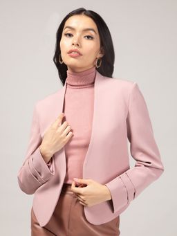 Twenty Dresses by Nykaa Fashion - Work Light Pink Solid Collarless High Low Crop Blazer