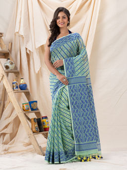 Angoshobha - Traditional Light Aqua Soft Dhakai Jamdani Saree without Blouse