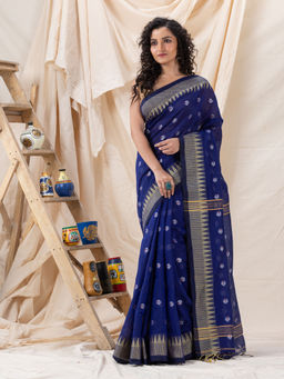 Angoshobha - Traditional Royal Blue Cotton Blend Handloom Saree with Unstitched Blouse