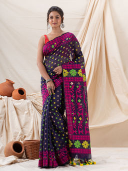 Angoshobha - Traditional Navy Blue Fuchsia Fuchsia Soft Dhakai Jamdani Saree without Blouse