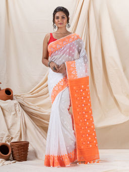 Angoshobha - Traditional White Soft Dhakai Jamdani Saree without Blouse