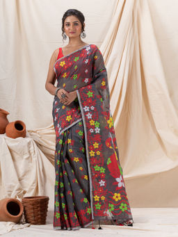 Angoshobha - Traditional Dark Grey Flower Soft Dhakai Jamdani Saree without Blouse