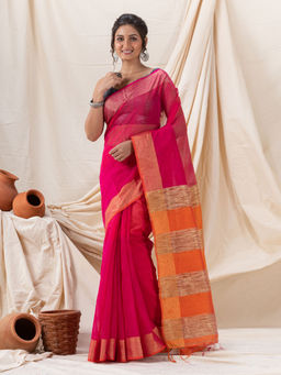 Angoshobha - Traditional Rani Pink Soft Dhakai Jamdani Saree with Unstitched Blouse