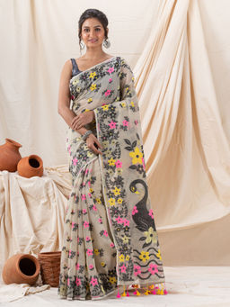 Angoshobha - Traditional Cotton Blend Off White Flower Soft Dhakai Jamdani Saree without Blouse