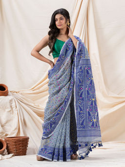Angoshobha - Traditional Blue Grey Soft Dhakai Jamdani Saree without Blouse