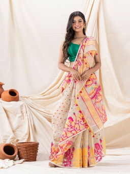 Angoshobha - Traditional Off White Flower Cotton Blend Soft Dhakai Jamdani Saree without Blouse