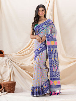 Angoshobha - Traditional Blue Silver Grey Soft Dhakai Jamdani Saree without Blouse