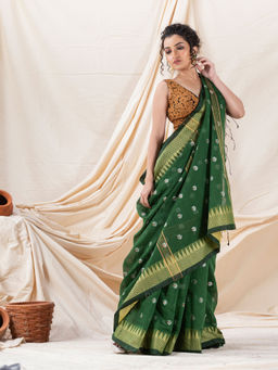 Angoshobha - Traditional Cotton Blend Dark Green Handloom Saree with Unstitched Blouse