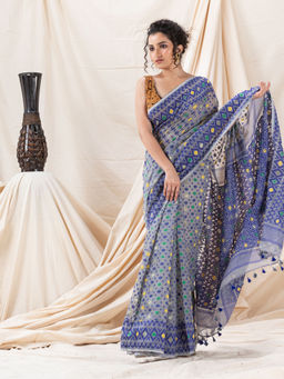 Angoshobha - Traditional Ash Blue Soft Dhakai Jamdani Saree without Blouse