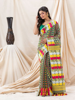 Angoshobha - Traditional Moss Green Ball Soft Dhakai Jamdani Saree without Blouse