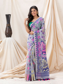Angoshobha - Traditional Silver Grey Pitcher Soft Dhakai Jamdani Saree without Blouse