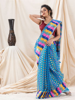 Angoshobha - Traditional Sky Blue Ball Soft Dhakai Jamdani Saree without Blouse