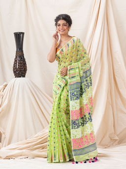 Angoshobha - Traditional Lime Soft Dhakai Jamdani Saree without Blouse